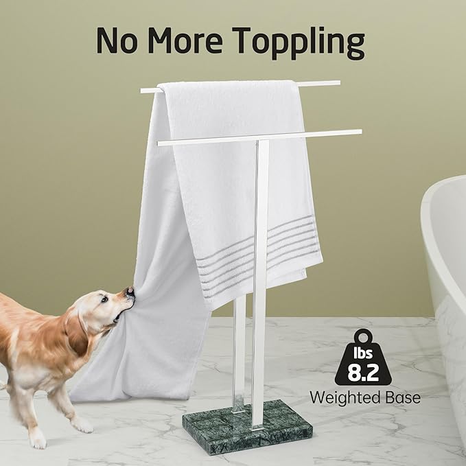 KES Standing Towel Rack with Green Natural Marble Base, 2-Tier Bath Towel Holder Stand for Bathroom Floor, Fits Bath Towel & Hand Towel, Polished Finish, BTH217-GPS