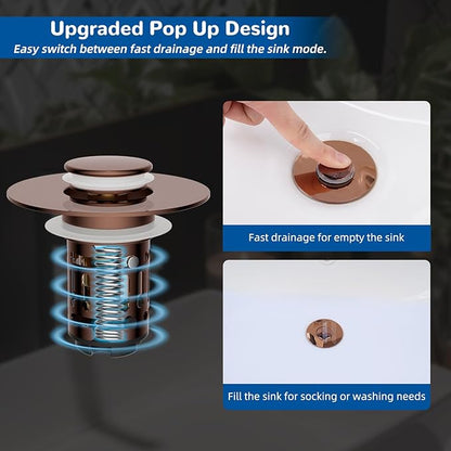 Hibbent 3 Pack 3 in 1 Bathroom Sink Drain Strainer, Universal Pop Up Stopper with Removable Stainless Steel Filter Basket Hair Catcher, Sink Plug for 1.1''~2.36'' Basin, Brass Bullet Core, Rose Gold