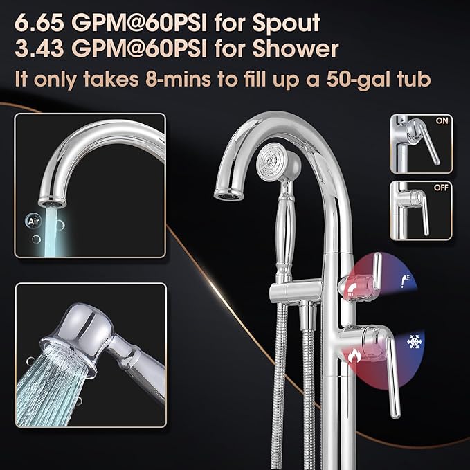 Free Standing Bathtub Faucet Brass Bathtub Faucets High Flow Soaker Tub Faucet with Vintage Handheld Sprayer Polished Chrome