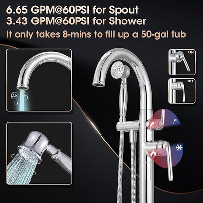 Free Standing Bathtub Faucet Brass Bathtub Faucets High Flow Soaker Tub Faucet with Vintage Handheld Sprayer Polished Chrome