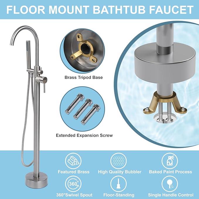Freestanding Bathtub Faucet, Floor Mount Bathtub Faucet with 2 Water Outlet Mode, Swivel Gooseneck Spout with Hand Shower, Brass Single Handle Tub filler, Max Flow Rate 7.4 GPM,Brushed Nickel