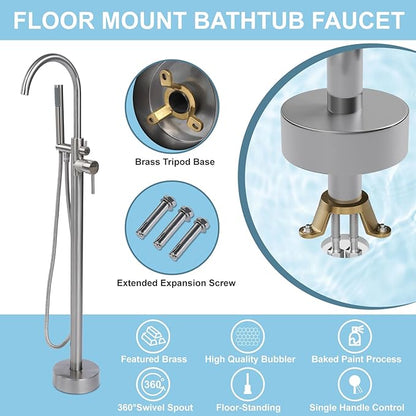 Freestanding Bathtub Faucet, Floor Mount Bathtub Faucet with 2 Water Outlet Mode, Swivel Gooseneck Spout with Hand Shower, Brass Single Handle Tub filler, Max Flow Rate 7.4 GPM,Brushed Nickel