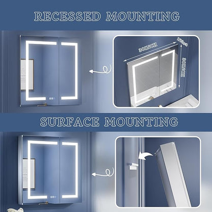 ExBrite LED Lighted Bathroom Medicine Cabinet with Mirror, 30 x 30 Inch, Recessed or Surface Mount, Anti-Fog, Stepless Dimming, Color Temperature Change, Built-in 6000K Sensor Light, Storage Shelves