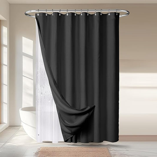 River Dream 3 in 1 Shower Curtain Set, Waffle Fabric Shower Curtain and Waterproof Clear Liner Set with Double Sided Metal Hooks, Black, 72" W*72" H