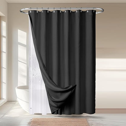 River Dream 3 in 1 Shower Curtain Set, Waffle Fabric Shower Curtain and Waterproof Clear Liner Set with Double Sided Metal Hooks, Black, 72" W*78" H