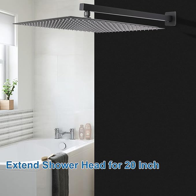 HarJue Shower Arm, Rain Shower Head Extension Extender, With Flange and Teflon Tape, Made of Thicken Stainless Steel for Bathroom Rainfall Shower (20 Inch, Matte Black)