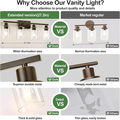 4-Light Bathroom Light Fixtures, Vanity Light with Clear Glass Shades, Oil-Rubbed Bronze Bathroom Light Fixtures Over Mirror, Modern Bathroom Wall Lamp for Mirror Living Room Cabinet Bedroom