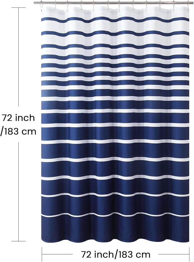 Blue Shower Curtain, Modern Navy Blue and White Stripe Waterproof Polyester Shower Curtains for Bathroom, 72x72 Inches