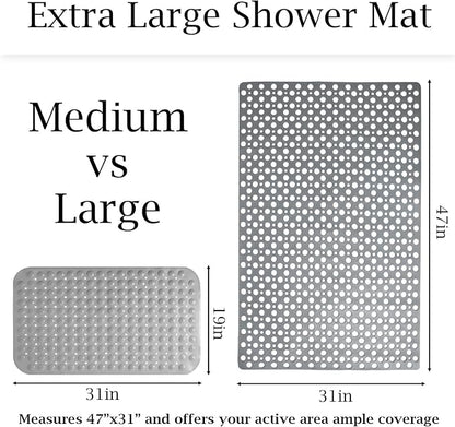 Extra Large Non Slip Shower Mat for Inside Shower, 47x32 Inch Oversized Shower Stall Mat,Bath Mat for Shower with Big Suction Cups,Drain Holes,Two-Sided Anti-Slip