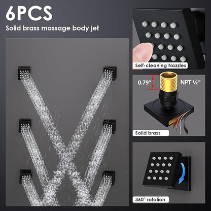 Enga Thermostatic Shower System 16 inch Rain Shower Head with 6 Body Spray Jets, Can Use All Functions At a Time (Volume Adjustable), Matte Black