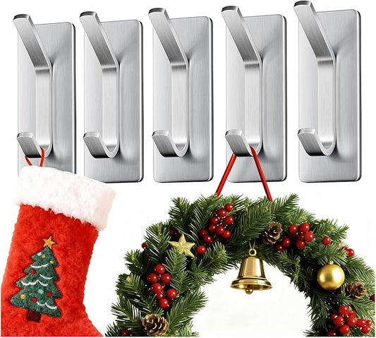 Auxmir Self Adhesive Hooks for Hanging 15lb, Stainless Steel Wall Hooks for Coat and Towel, Waterproof Oilproof Rustproof Adehesive Door Hanger for Bathroom Shower Kitchen Office RV, Silver, 5 Pack