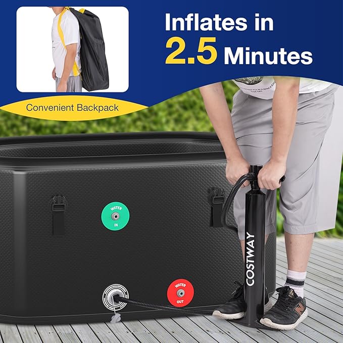 COSTWAY XL 129 Gal Oval Ice Bath Tub with Cover, Portable Outdoor Inflatable Cold Plunge Tub with Backpack, Pump, for Cold and Therapy, Compatible with Water Chillers, Black