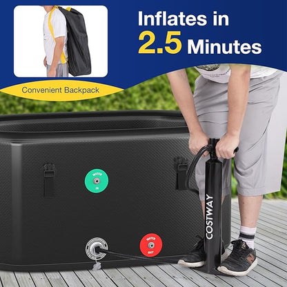 COSTWAY XL 129 Gal Oval Ice Bath Tub with Cover, Portable Outdoor Inflatable Cold Plunge Tub with Backpack, Pump, for Cold and Therapy, Compatible with Water Chillers, Black