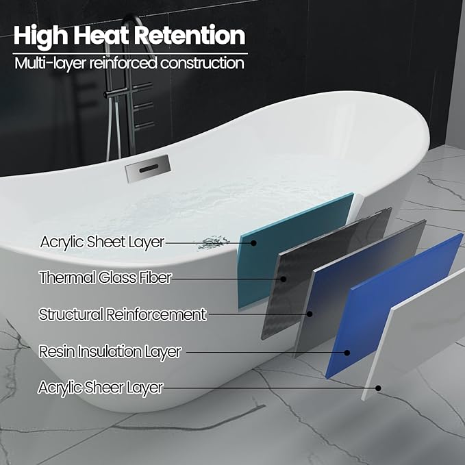59" Free Standing Tub, Acrylic Freestanding Bathtub, Modern Soaking Tub with Integrated Overflow and Drain, White Bathroom Fixture, Stand Alone Bathtub, CUPC Certified, Gloss White