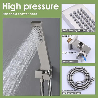 Enga Dual Shower Head System with Body Jets, 12"+ 6" Wall Mounted Dual Rain Shower Faucet with Valve Kit, Brushed Nickel