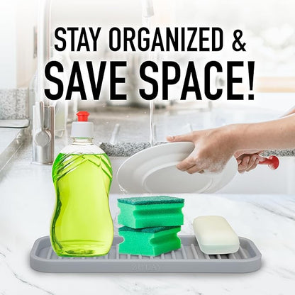 Zulay Kitchen (9x3.5) Silicone Sponge Holder for Kitchen Sink - Flexible Multipurpose Soap Tray - Sink Organizer for Kitchen, Bathroom, Makeup, Trinkets & More (Grey)