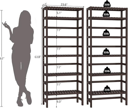 Homykic 6-Tier Bamboo Bookshelves and Bookcases, Adjustable 63.4”Tall Shallow Book Shelf Organizer Rack, Freestanding Storage Shelving Unit for Living Room, Kitchen, Bathroom, Office, Espresso