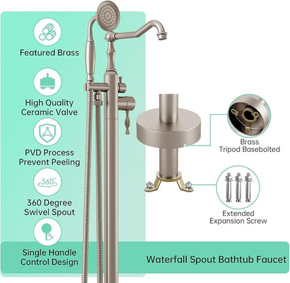 Hoimpro Free Standing Tub Faucet Freestanding Tub Filler Farmhouse Stand Alone Floor Mounted Bathtub Faucet Set Shower Faucets Handheld Sprayer Brass Brushed Nickel