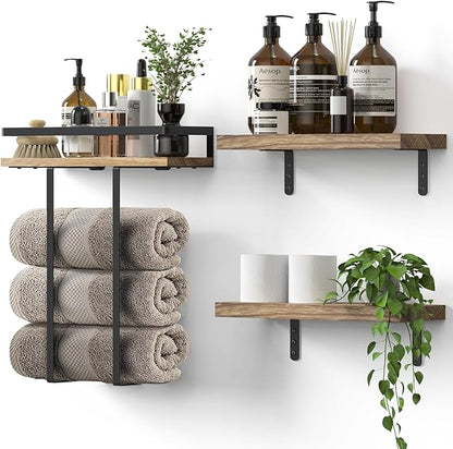 Towel Racks for Bathroom-Wall Mounted Floating Shelves for Wall Bathroom Bedroom Kitchen Living Room, Hanging Book Shelves Decor Bathroom Organizer, 16 inch Solid Wood, Carbonized Wood Color