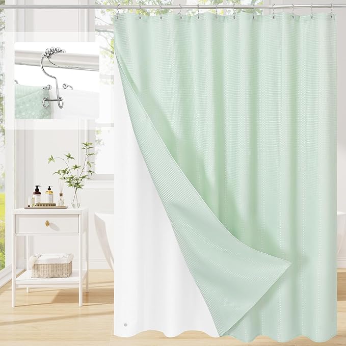 3 in 1 Extra Long Mint Green Shower Curtain Set-72 W x 84 H, Modern Waffle and PEVA Liner Set with 12 Stainless Steel Hooks, Waterproof Fabric for Bathroom