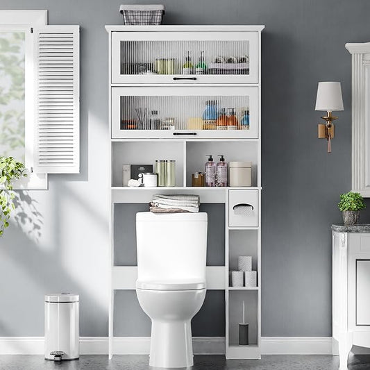 Vabches Over The Toilet Storage Cabinet with Transparent Door, Toilet Paper Storage Cabinet with Multi Layer Shelves Suitable for Bathroom, Laundry Room, Freestanding Bathroom Storage Rack, White