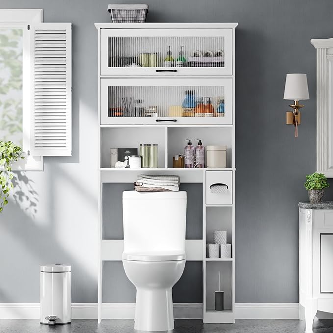 Over The Toilet Storage Cabinet with Transparent Door, Toilet Paper Storage Cabinet with Multi Layer Shelves Suitable for Bathroom, Laundry Room, Freestanding Bathroom Storage Rack,White
