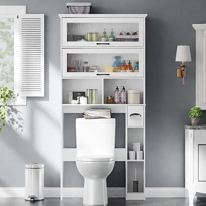 Over The Toilet Storage Cabinet with Transparent Door, Toilet Paper Storage Cabinet with Multi Layer Shelves Suitable for Bathroom, Laundry Room, Freestanding Bathroom Storage Rack,White