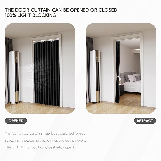 Accordian Door Curtain, 100% Blackout Folding Magnetic Doorway Curtains,Linen Style Closet Doors,for Room Divider,Privacy Protection（W52 x L78,Black,1 Panel）