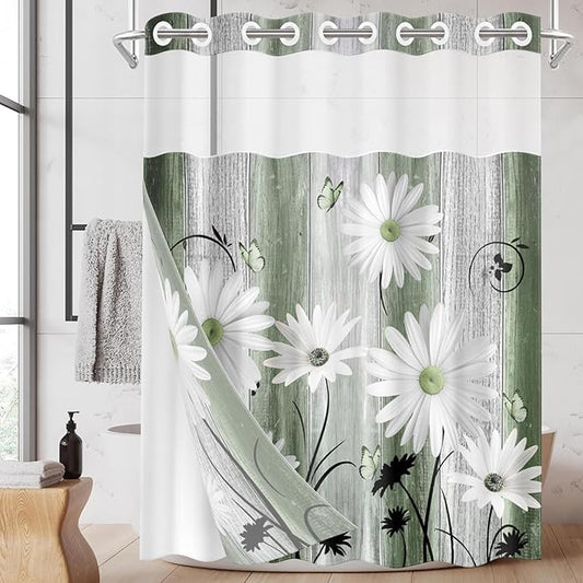 No Hook Green Daisy and Butterfly Shower Curtain with Snap in Fabric Liner Set, Rustic Farmhouse Double Layers Waterproof Fabric with See Through Top Window Open Grommet Bath Curtain 71x86 Inch