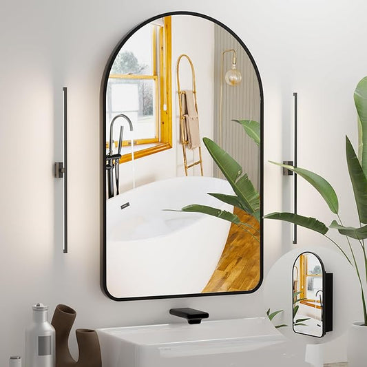 Arched Bathroom Medicine Cabinet with Mirror, No Assembly Needed, Recessed or Surface Mount Wall Storage Cabinet, Mirror Cabinet with Tissue Slot & 2X Magnifying Mirror (Black, 31.5"L x 19.7")