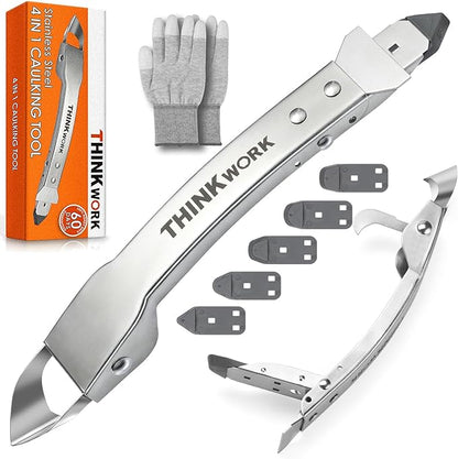 THINKWORK Caulking Tool Kit, 4 in 1 Caulk Remover Tool, Stainless Steel Caulk Tool for Kitchen Bathroom Window Sink Tile Joint, Silver