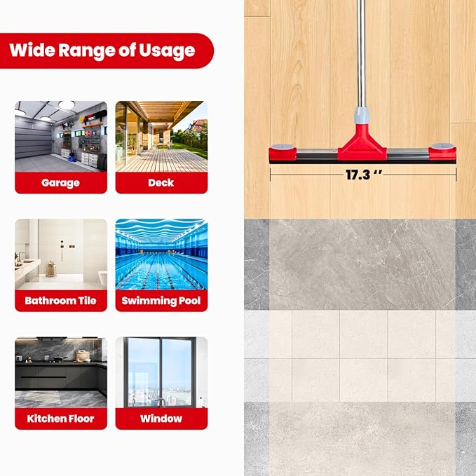 Heavy Duty Floor Squeegee for Concrete Floor – 17.3” EVA Foam Blade with Cloth Clip Design, 62” Extendable Handle, Multi-Surface Floor Squeegee Broom for Windows, Bathroom, Garage, Tile, Patio &Shower