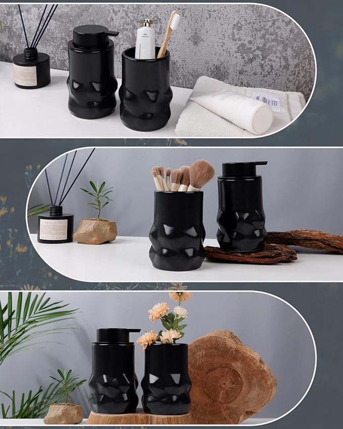 BosilunLife Hand Soap Dispenser - Foam Soap Dispenser Bathroom Ceramic Dish Liquid Soap Dispenser for Kitchen, Bathroom Countertop Soap Dispensers (Black-Liquid-Sculpt)