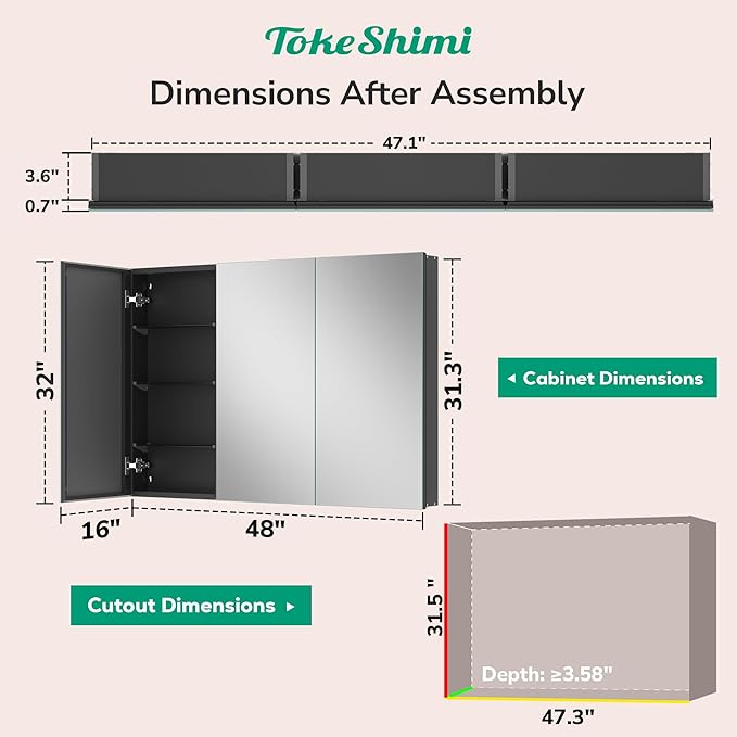 TokeShimi 48 x 32 Mirror Medicine Cabinet Wall Mounted or Recessed, Aluminum Tempered Black Medicine Cabinet with Mirror with Stepless Adjustable Storage Metal for Modern Farmhouse