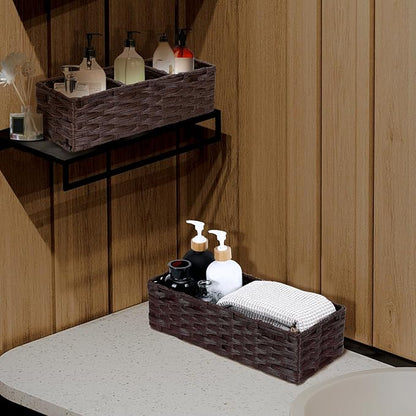 DULLEMELO Toilet Paper Basket for Organizing, Plastic Wicker Bathroom Baskets for Storage, Decorative Towel Baskets for Bathroom, Set of 2, Dark Coffee