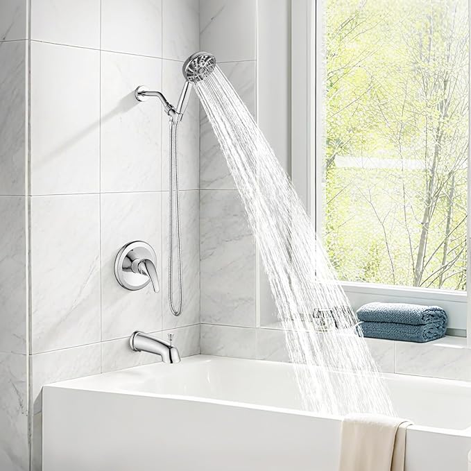 gotonovo Bathroom Shower Head Kit High Pressure Combo System Shower Faucet 6 Modes ABS Handheld Spray Shower Trim Kit Valve Included Shower Head and Handle Set Polished Chrome