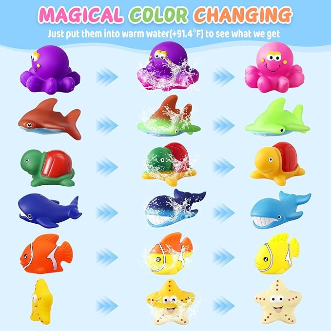 Toddler Stocking Stuffers Color Changing No Hole Bath Toys for Kids Ages 1-3 4-8, Toddler Bath Toys Sea Creatures Christmas Birthday Gifts Pool Bathub Beach Water Toys Sea Animal with Drying Bag