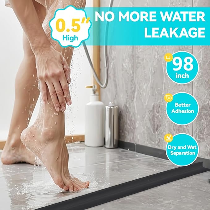 Shower Threshold Water Dam Barrier 98", Silicone Sealant Included, Collapsible Self-Adhesive Water Blocker, Shower Door Water Stopper for Floor Bathroom Kitchen Bathtub Sink