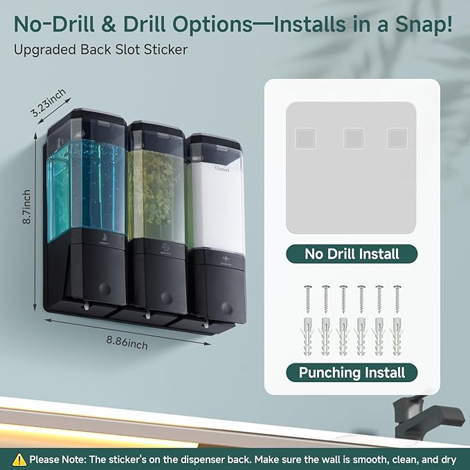Shampoo and Conditioner Dispenser Wall Mounted No Drill, Shower Soap Dispenser 3 Chamber Shampoo Conditioner Body Wash Refillable 3 * 17oz Shower Soap Dispenser for Bathroom Hotel, Black+Clear