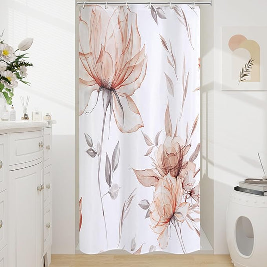 Small Stall Boho Watercolor Floral Shower Curtain 36 x 72, Orange and Grey Ink Painting Style Flower Shower Curtains for Chic Elegant Bathroom, Artistic Narrow Half Size Shower Curtain