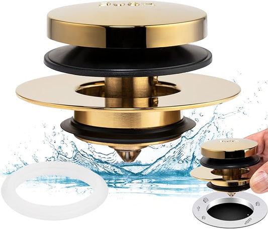 Artiwell Universal Tip Toe Bath Drain Stopper and Cover, Bathtub Drain Stopper, Replaces Lift and Turn, Tip-Toe and Trip Lever drains for Tub, EZ Installation and Clearing (Polished Brass)