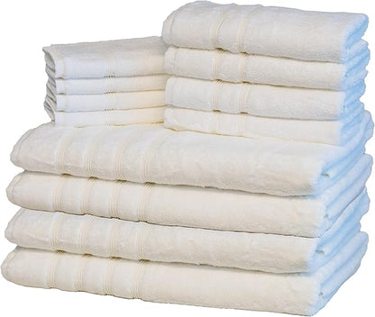 Mosobam Luxury Turkish 12pc XL Towel Set 35X70 16X30 13X13 White 700 GSM Bamboo Viscose & Aegean Turkish Combed Cotton