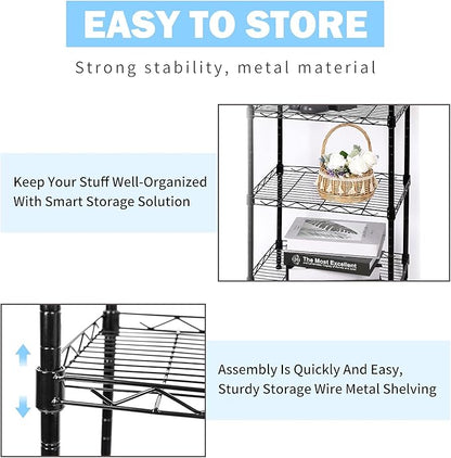 5-Tier Wire Shelving Adjustable Shelves Unit Metal Storage Rack for Laundry Bathroom Kitchen Pantry Closet Organization (Black, 16.6" L x 11.4" W x 49.1" H)