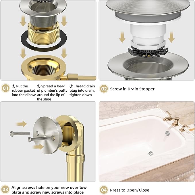 Brushed Nickel Tub Drain Kit with Hair Catcher, Premium Brass Mushroom Tip-Toe Bathroom Tub Drain Replacement and 2-Hole Overflow Faceplate, 11.5/16 UNC Bathtub Drain Stopper Assembly