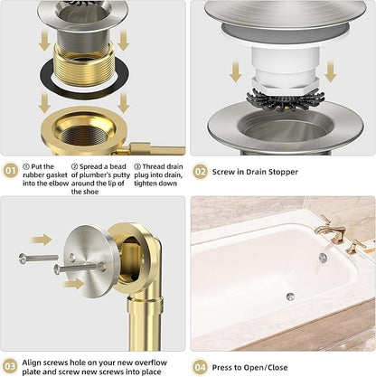 Brushed Nickel Tub Drain Kit with Hair Catcher, Premium Brass Mushroom Tip-Toe Bathroom Tub Drain Replacement and 2-Hole Overflow Faceplate, 11.5/16 UNC Bathtub Drain Stopper Assembly