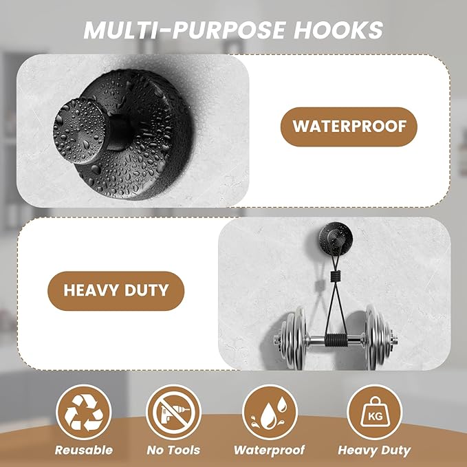 BKV Suction Cup Hooks for Glass Window,Removable Shower Hooks for Inside Shower,Metal Towel Hooks for Bathrooms,4 Pack(Black)
