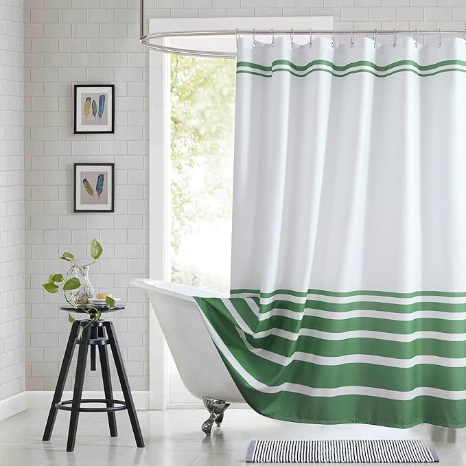 Green and White Striped Shower Curtain 72x72 Inches, Waterproof Fabric with Modern Gradient Lines, 12 Rustproof Grommets & Weighted Hem