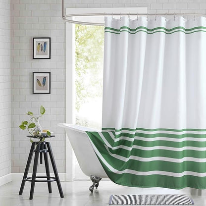 Green and White Striped Shower Curtain 72x72 Inches, Waterproof Fabric with Modern Gradient Lines, 12 Rustproof Grommets & Weighted Hem