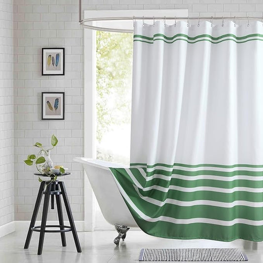 72x90 Inch Extra Long Shower Curtain, Green and White Ombre Striped Waterproof Fabric, Modern Hotel Spa Design with 12 Rustproof Grommets & Weighted Hem