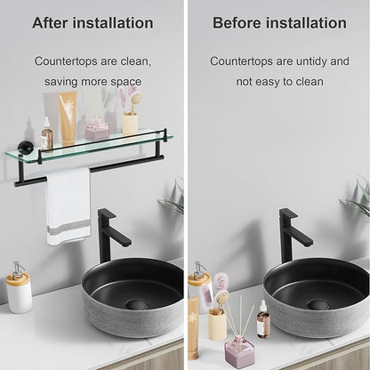 20-Inch Tempered Glass Bathroom Shelf with Towel Bar - Matte Black & Stainless Steel, Wall Mount Rustproof Tower Rail with Shelves